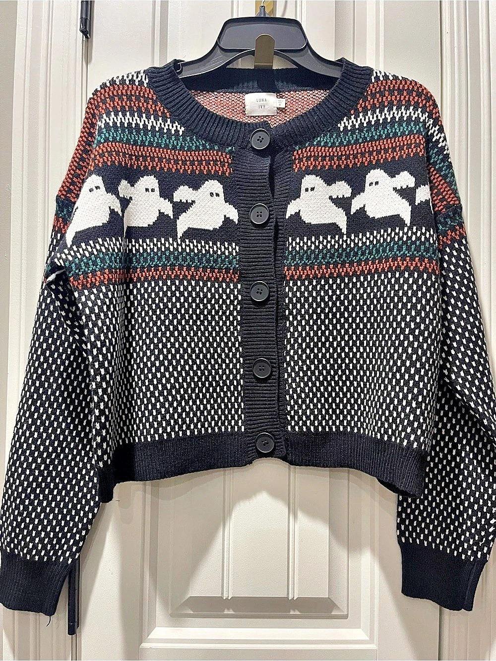 Luna Ivy Women’s Halloween Ghost Knit Cardigan Black & White Medium